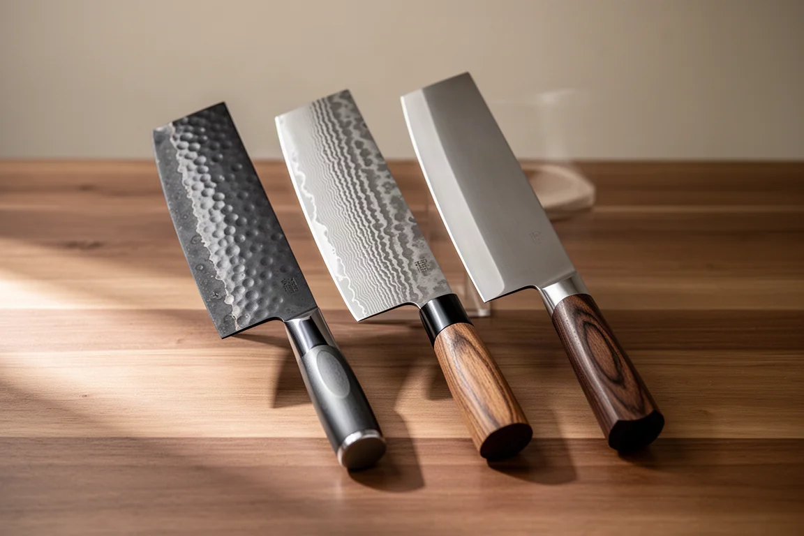 Three Japanese nakiri knives with different handles arranged on a wooden worktop