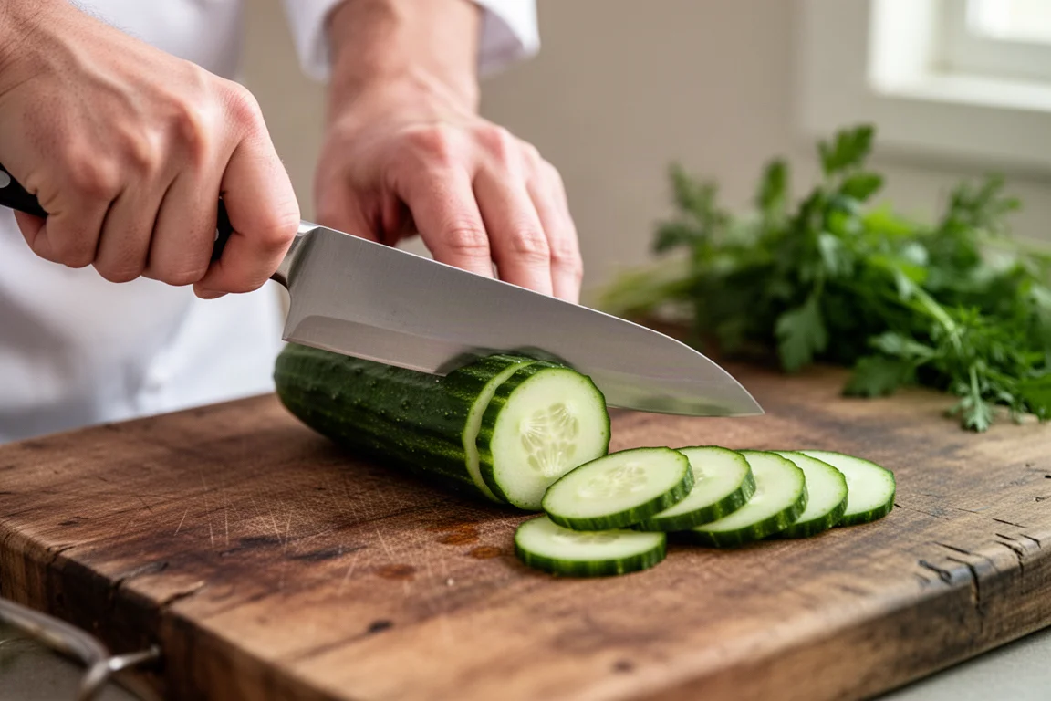 Chef slicing a cucumber into thin even rounds on a wooden cutting board