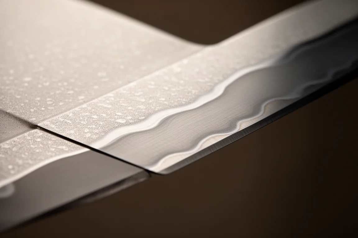 Close-up of the cladding line on a carbon steel knife blade