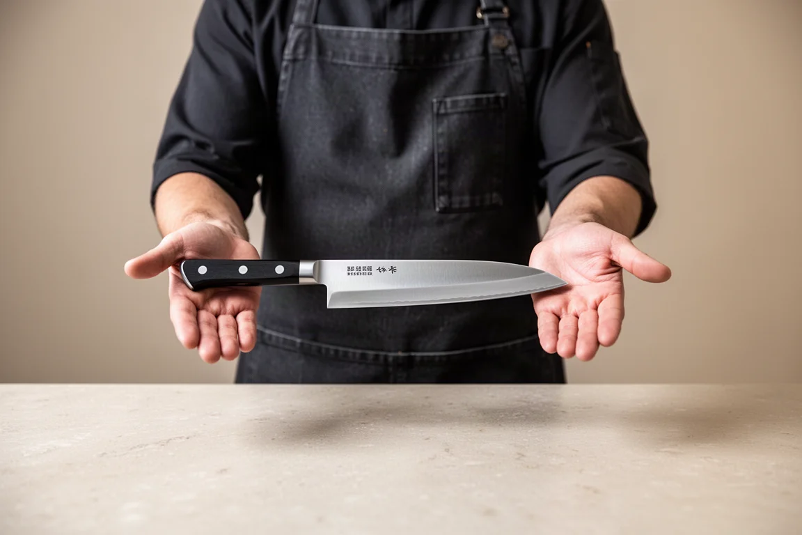 Chef weighing a knife by resting it across both hands over a counter