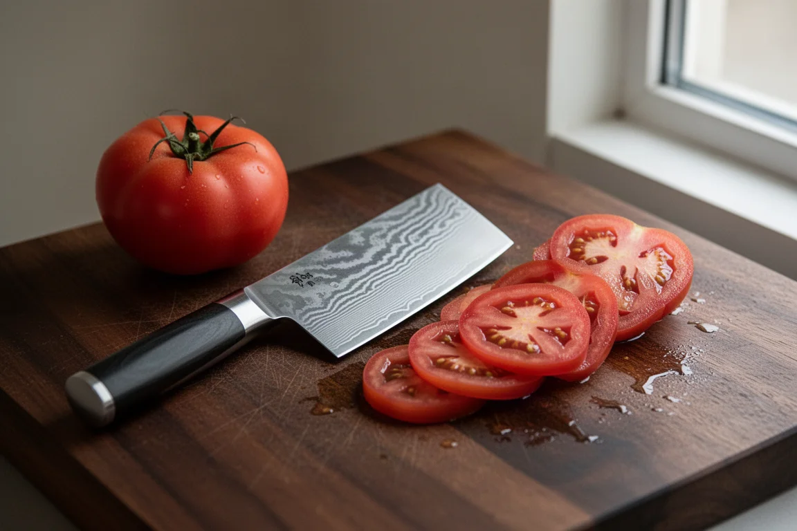 Damascus patterned nakiri blade resting beside sliced tomatoes on a board
