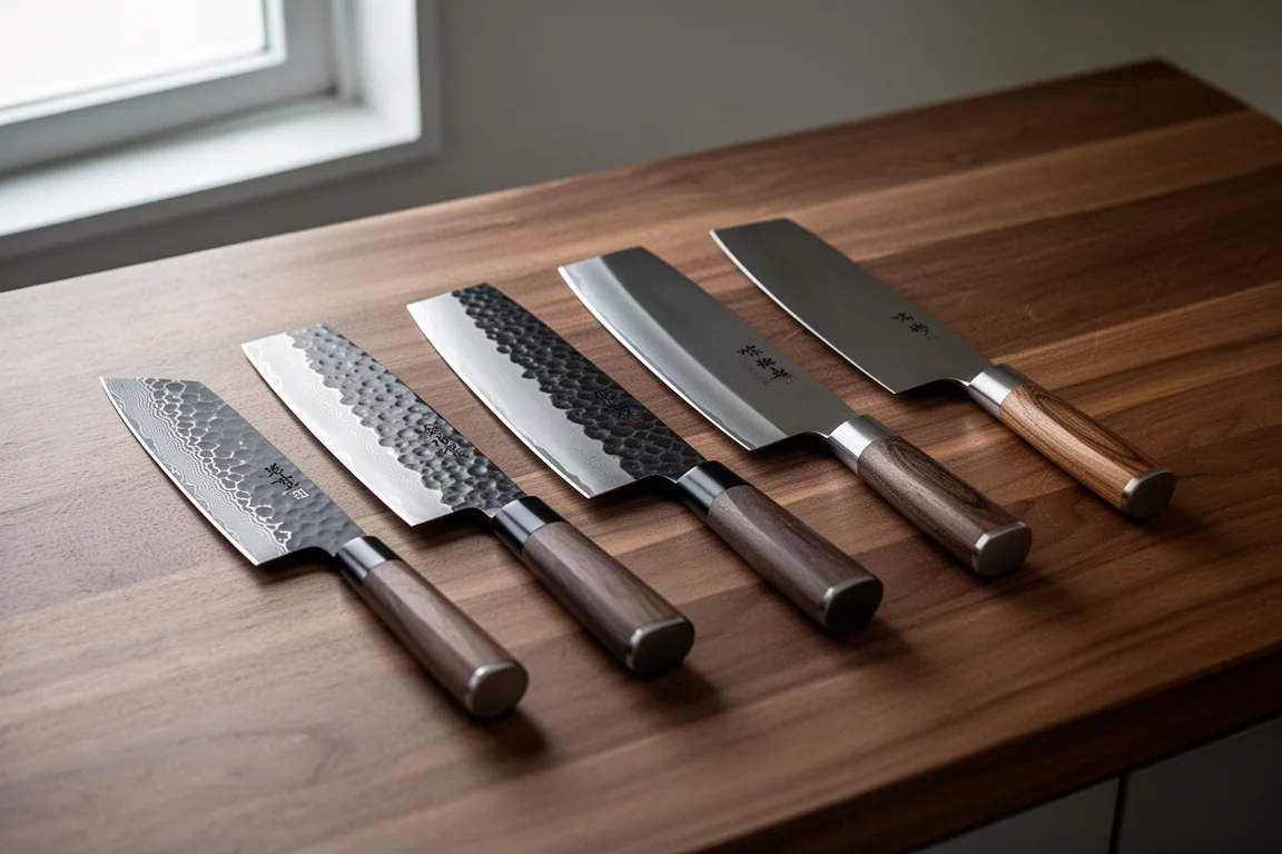 Eight nakiri knives with varied blade finishes arranged on a wooden worktop