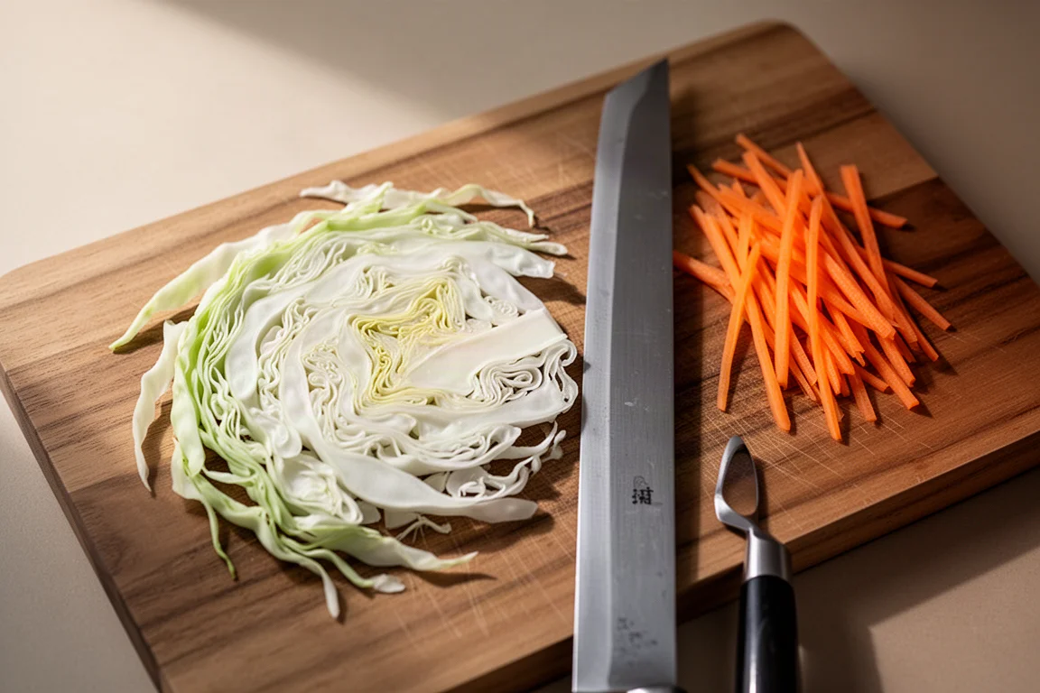 Fine julienne cuts of carrot and paper-thin cabbage slices on a cutting board