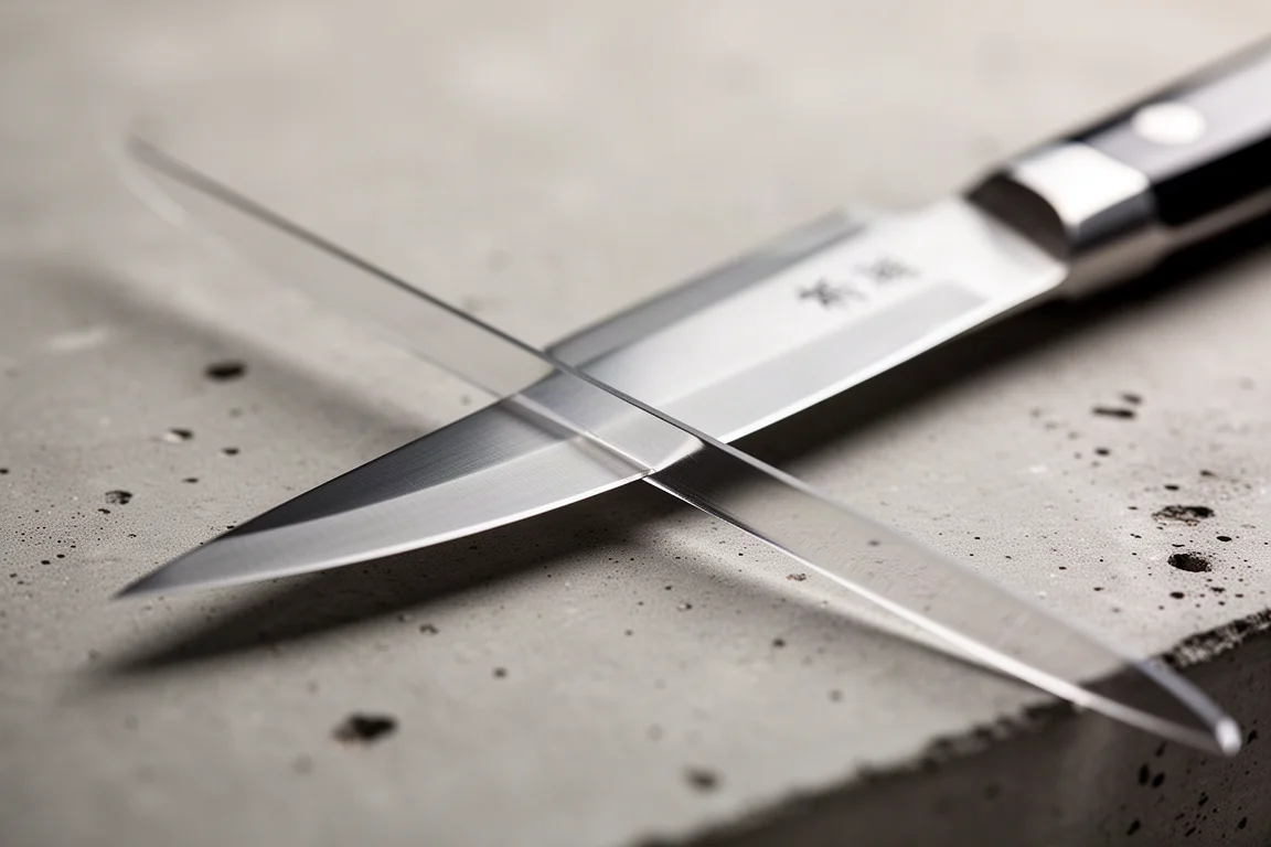 Blade spine close-up showing the thin edge of a Japanese kitchen knife