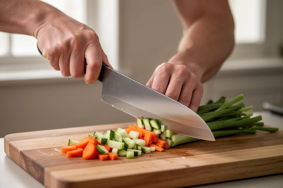 Home cook slicing vegetables with an up-and-down chopping motion