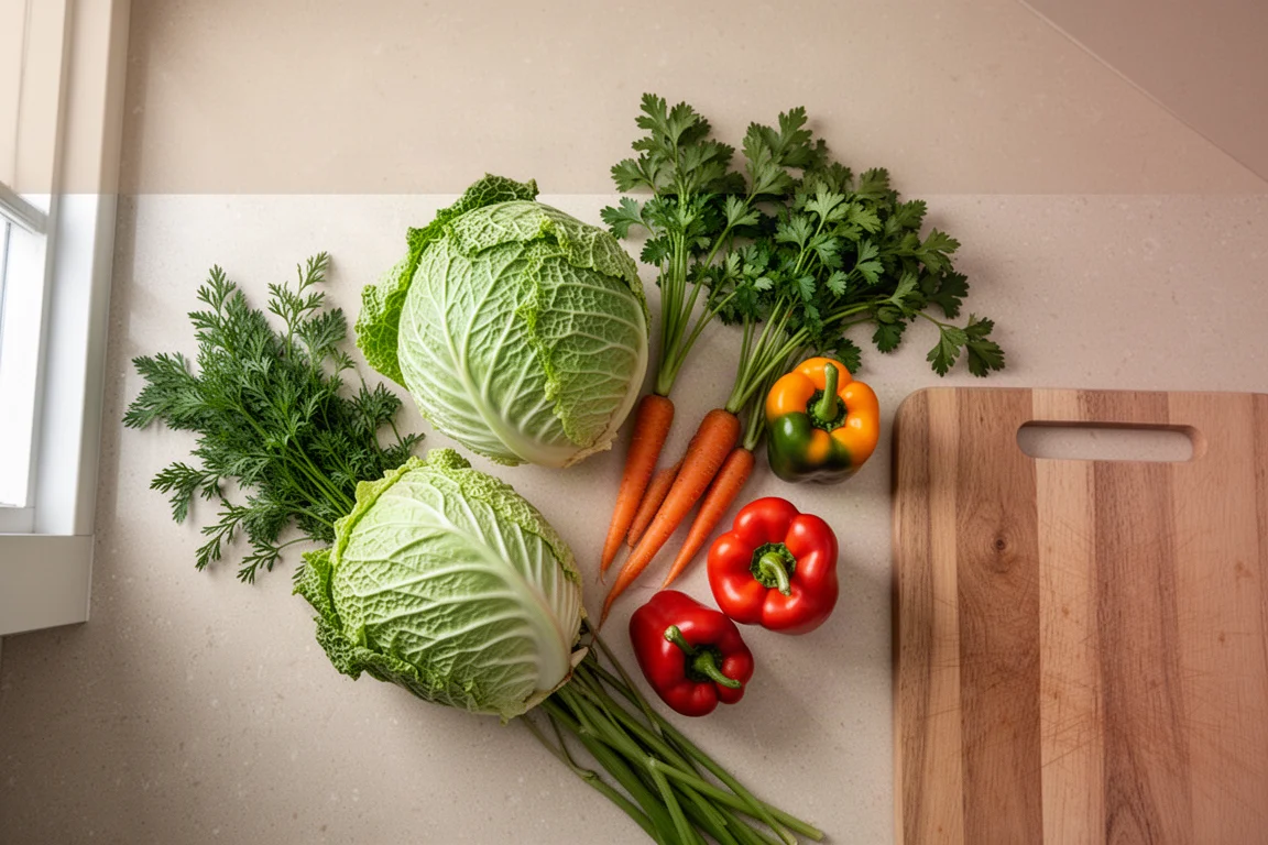 Assorted fresh vegetables arranged on a kitchen counter ready for prep