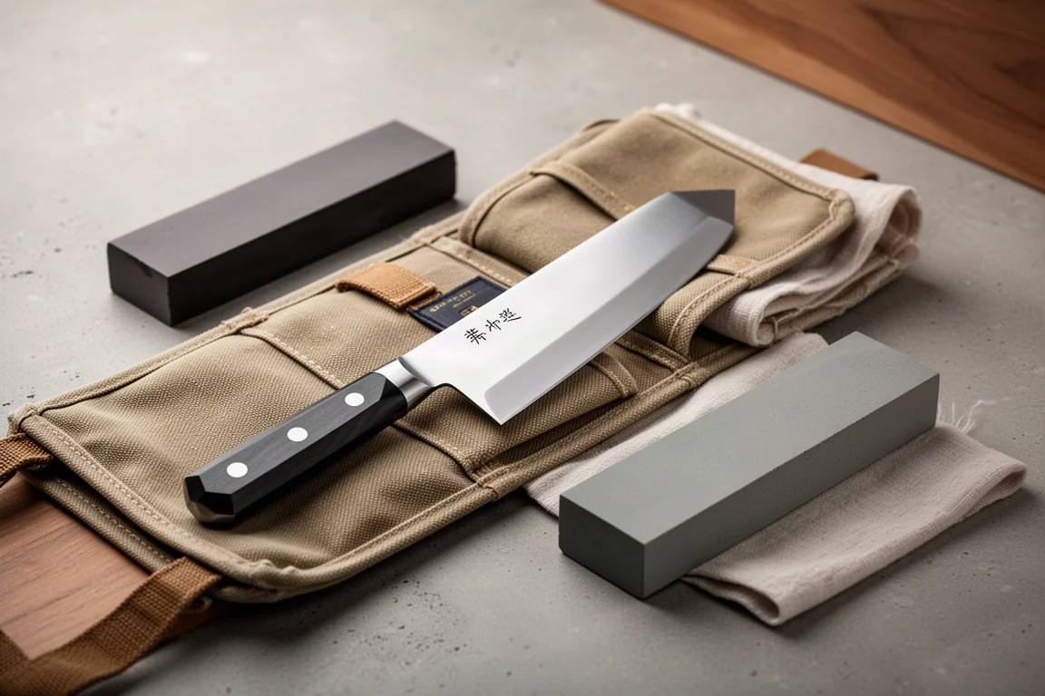 Nakiri 菜刀放在刀袋上，旁邊擺著磨刀石