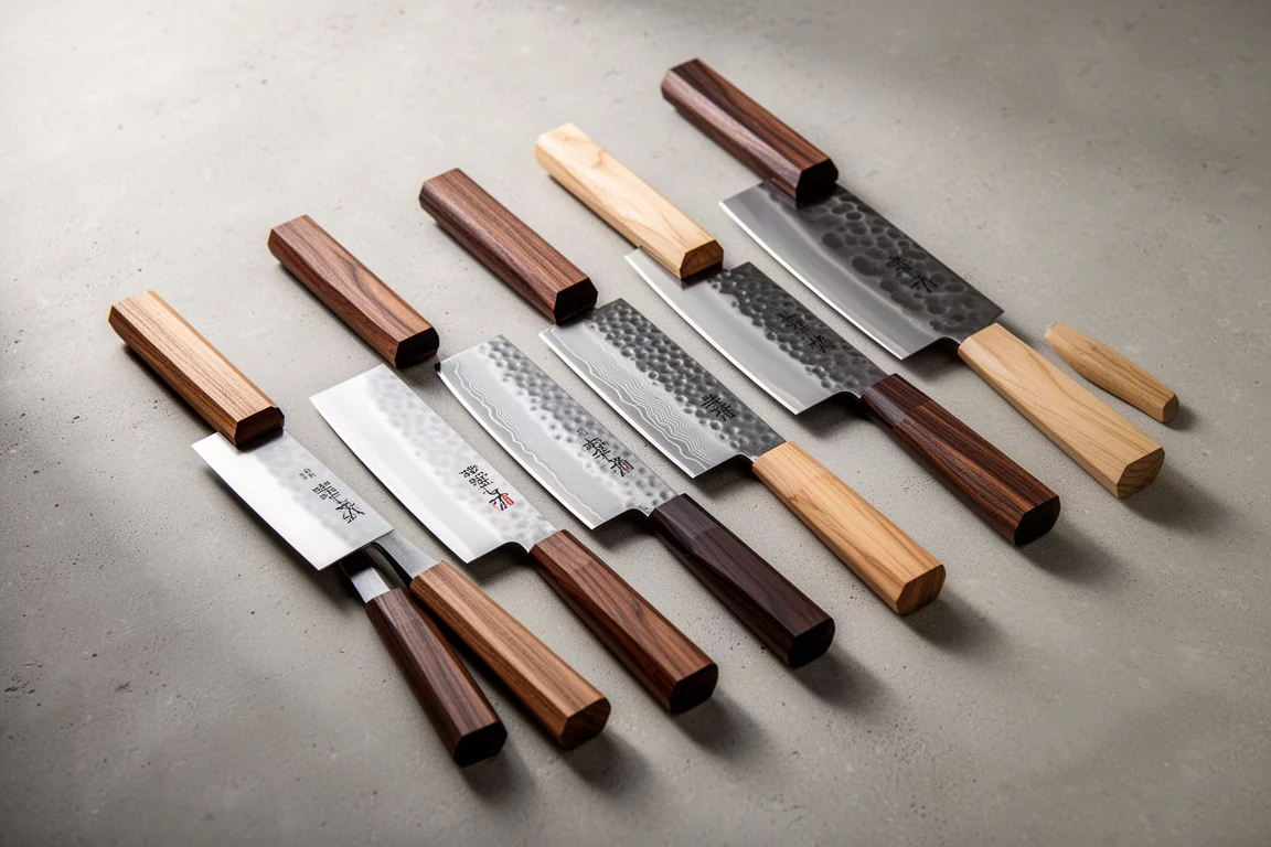 Collection of Japanese nakiri knives with wooden handles on a concrete surface