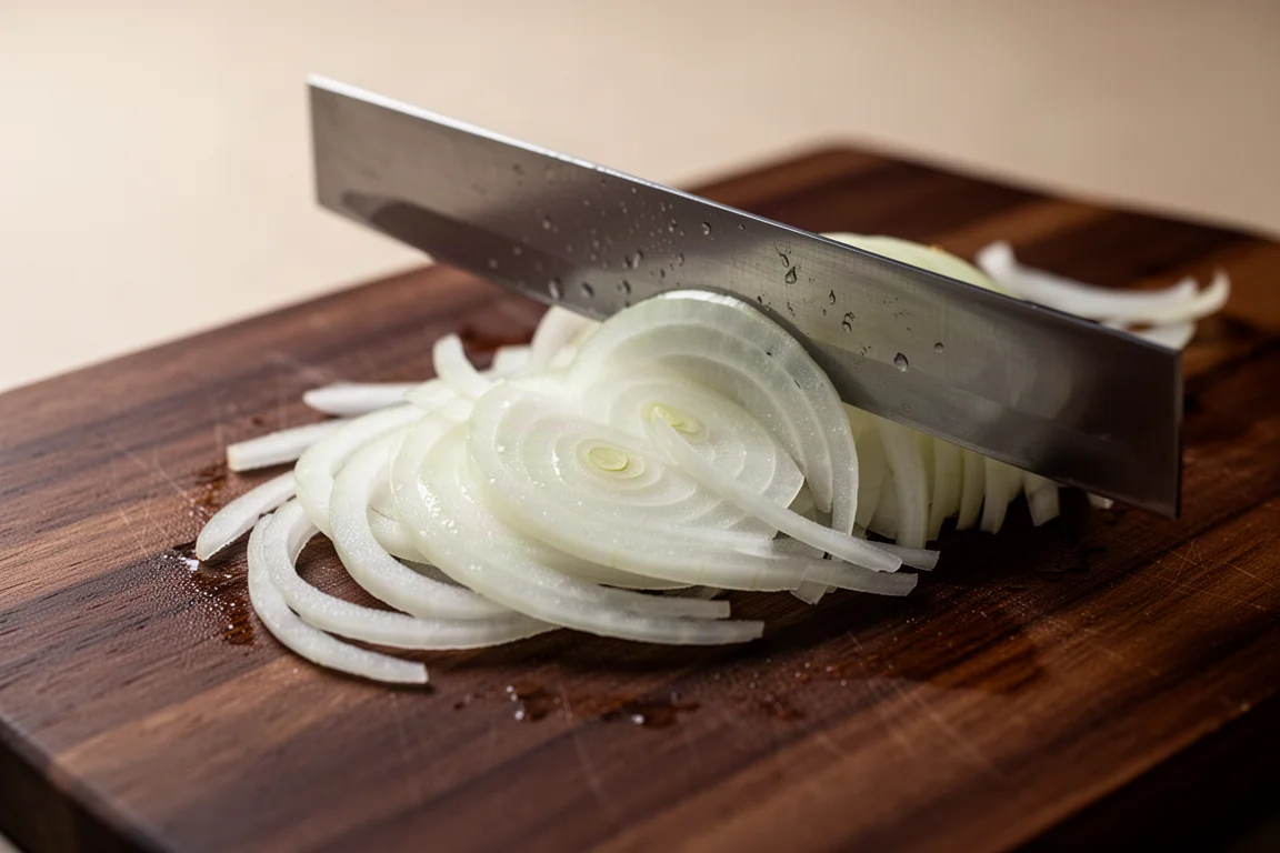 Eine Zwiebel wird mit einer Zieh-Schub-Bewegung in dünne Scheiben geschnitten
