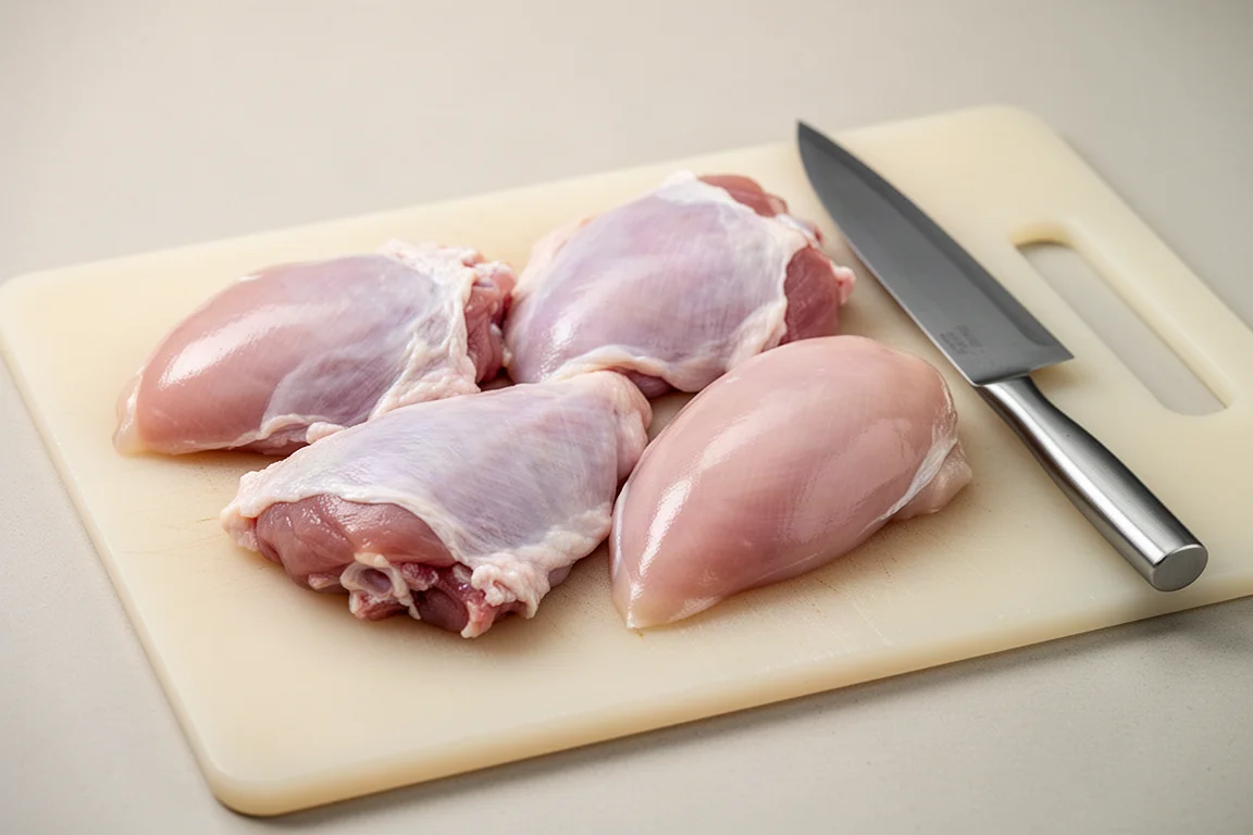 Rohes, entbeintes Hähnchenfleisch liegt schnittbereit auf einem Schneidebrett