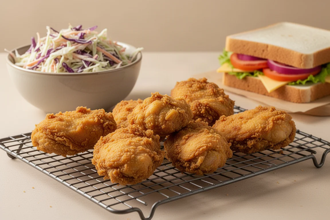 Goldbraun frittierte Hähnchenteile kühlen auf einem Abkühlgitter neben einer Schüssel Coleslaw