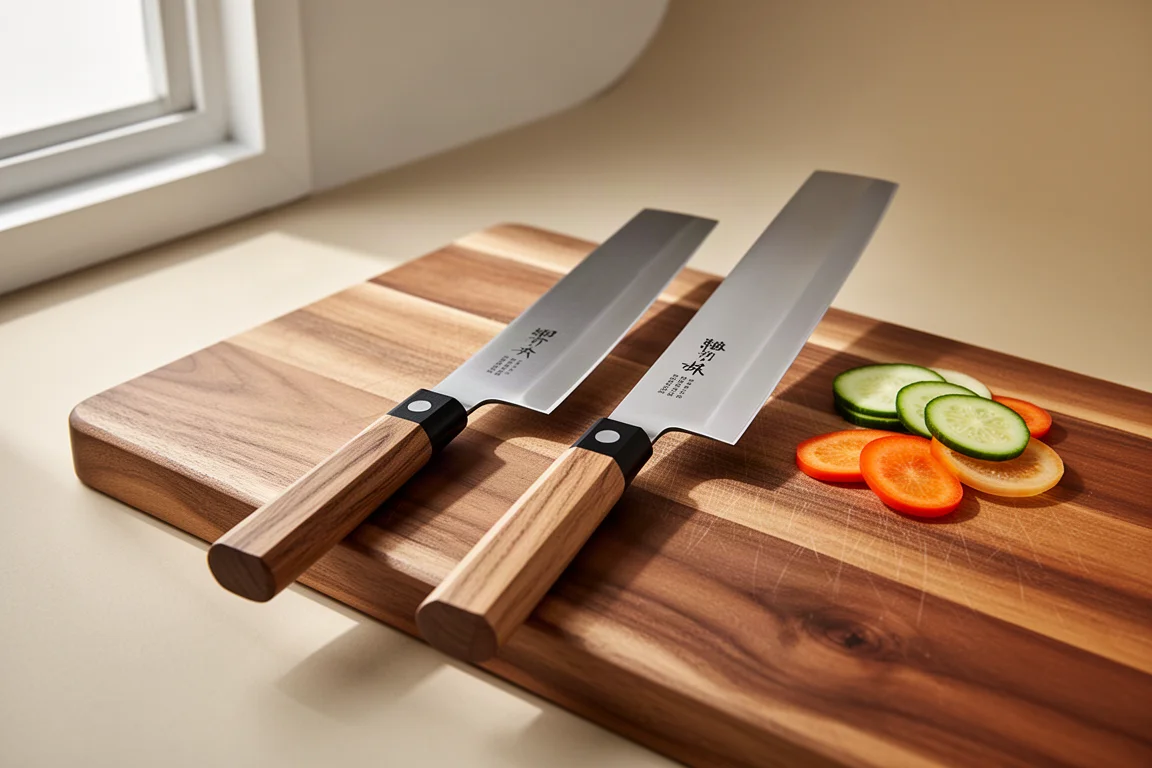 Two Nakiri vegetable knives with tall rectangular blades on a wooden cutting board