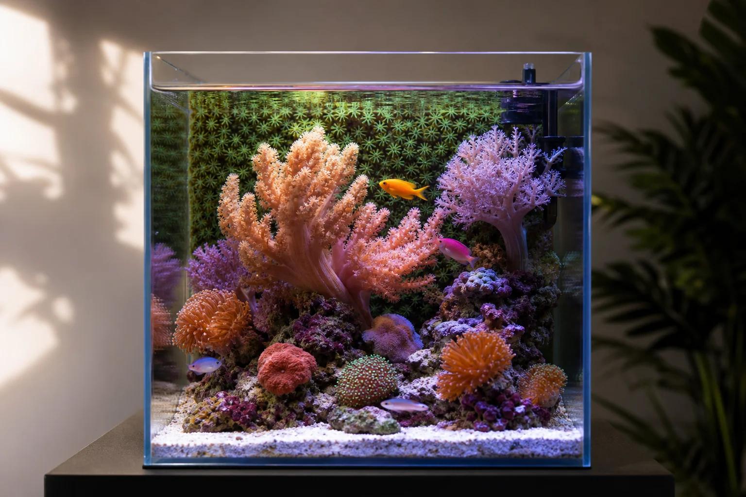 Vibrant nano reef aquarium with soft corals and fish in natural lighting