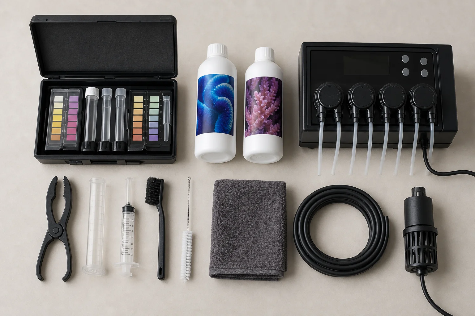 Aquarium water testing kit and dosing equipment on a work surface