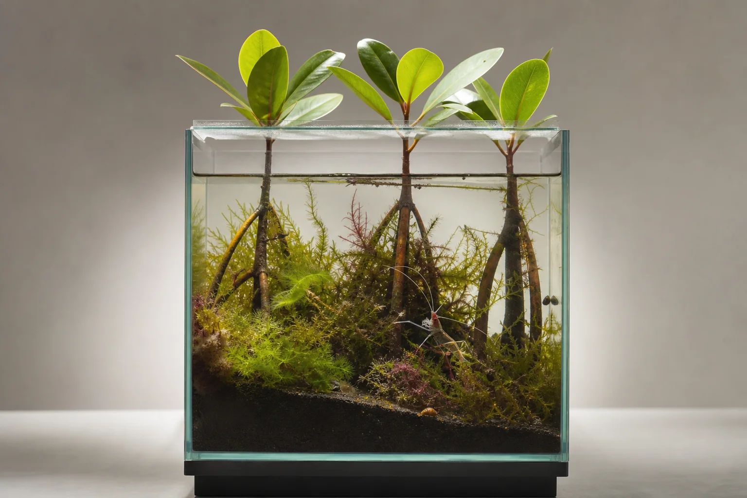 Compact pico aquarium with dark sand and macro algae growth