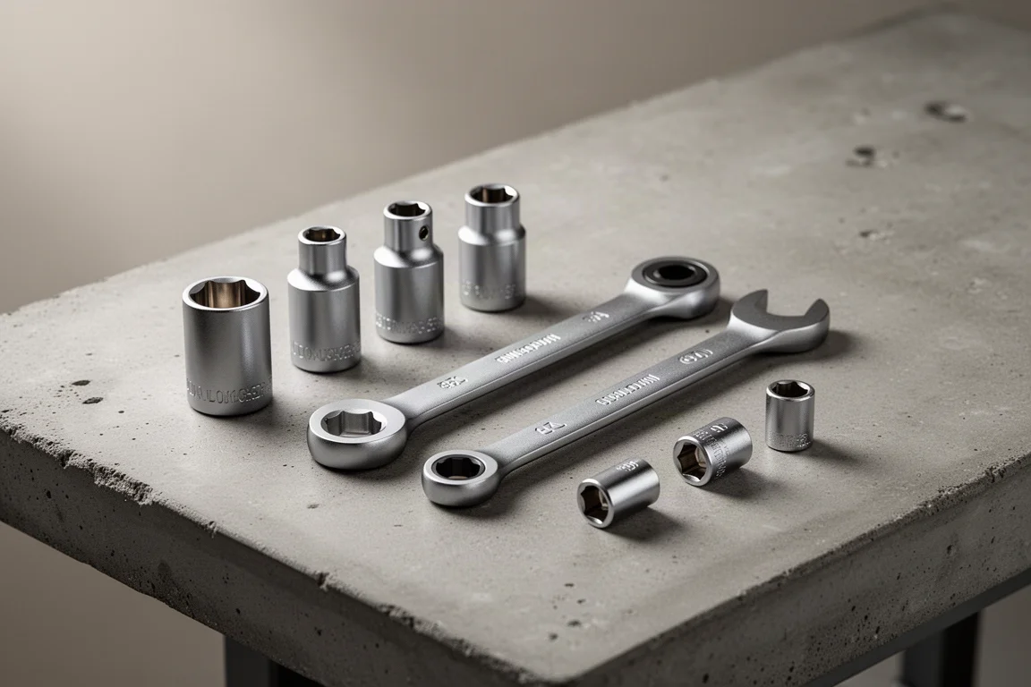 Collection of thin-wall sockets, slim ratcheting wrenches, and socket adapters on a concrete workbench