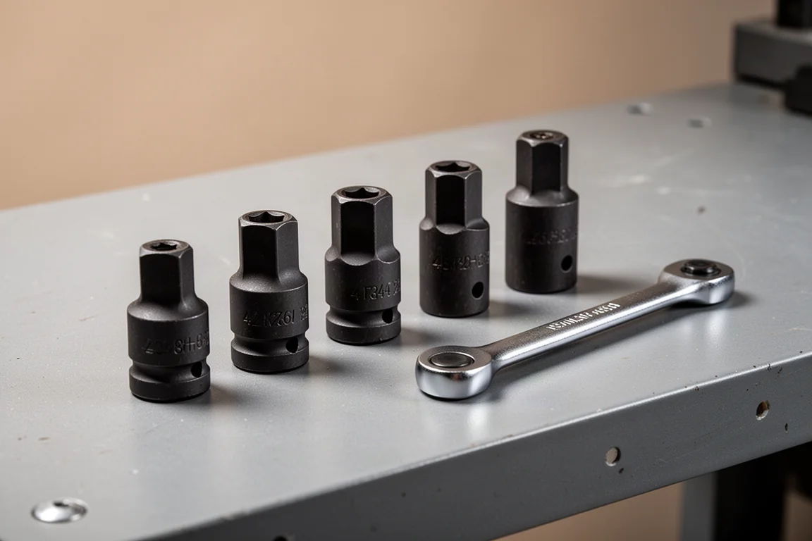 Row of compact stubby sockets and a slim low-profile wrench on a grey workbench