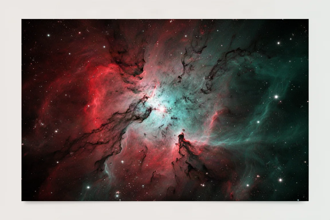 發射星雲區域,散發紅色氫氣光輝並伴隨暗黑塵埃帶