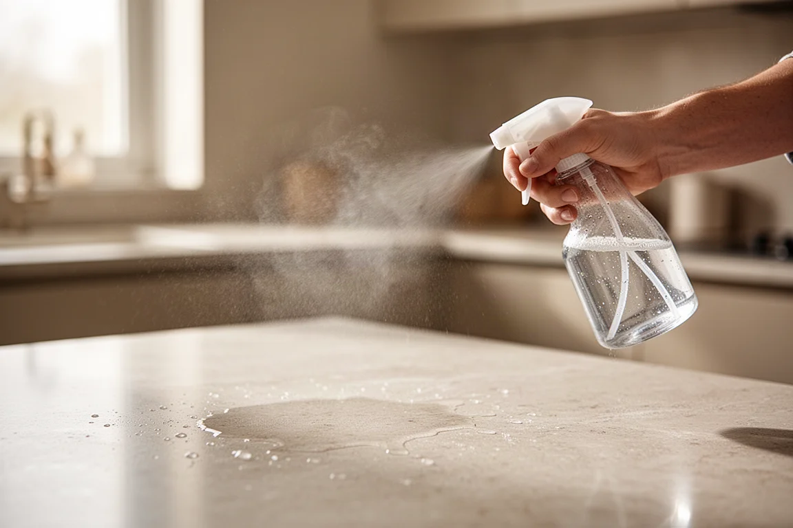 Person som sprayar allrengöringsmedel på ett köksbänkskiva