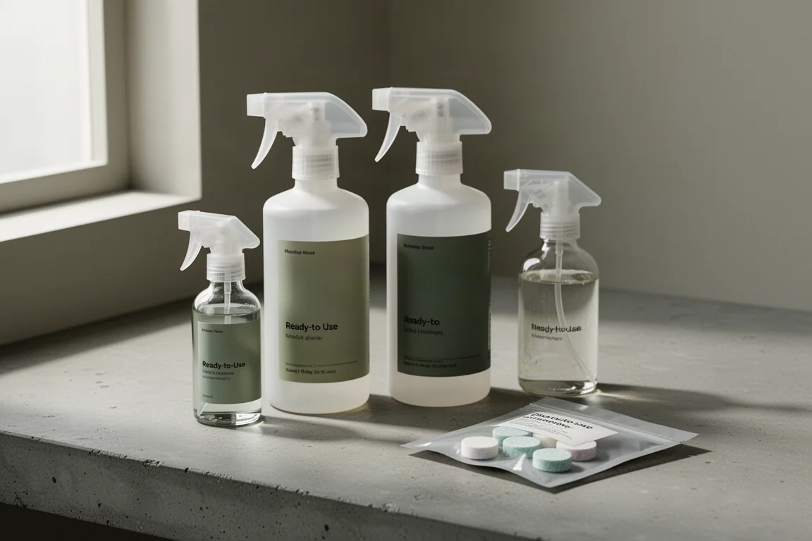 Assortment of natural and eco-friendly cleaning spray bottles and tablets on a concrete counter