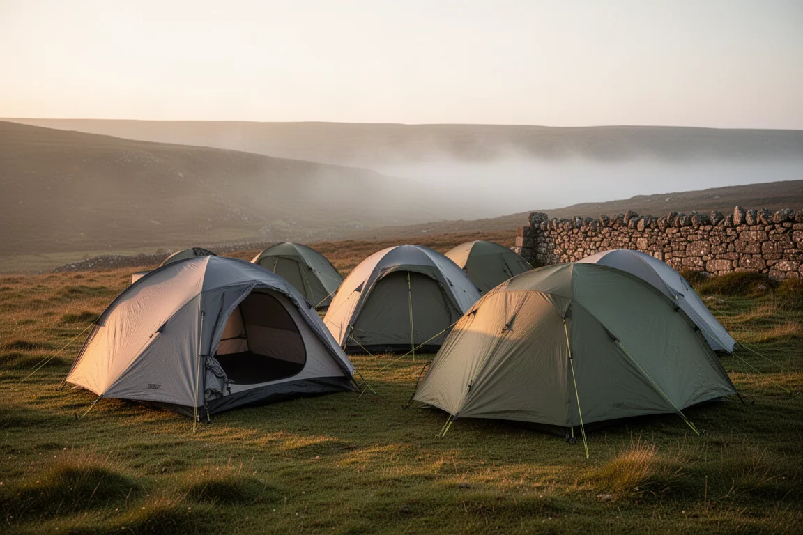Five lightweight two-person backpacking tents pitched on moorland at golden hour