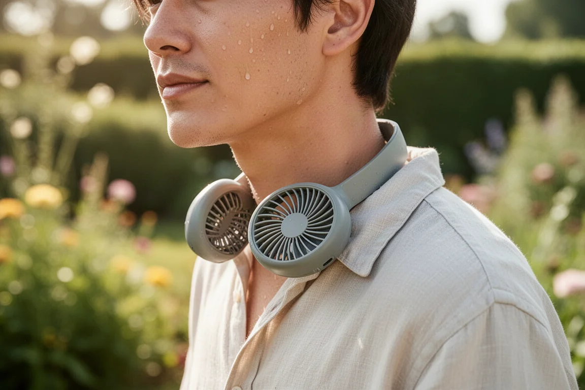 Person wearing a neck fan while working outdoors in hot weather