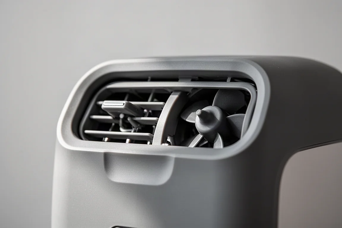 Close-up of a neck fan air vent with visible turbine blades