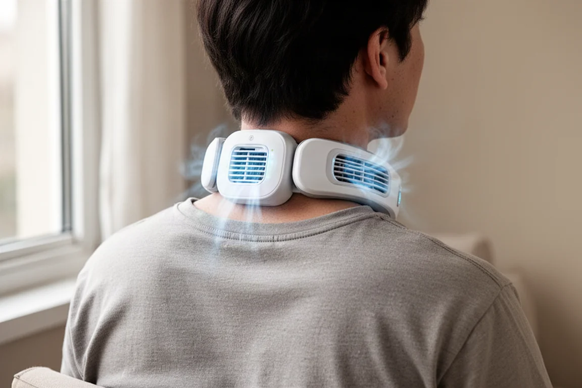 Person wearing a neck air conditioner with cooling plates against skin