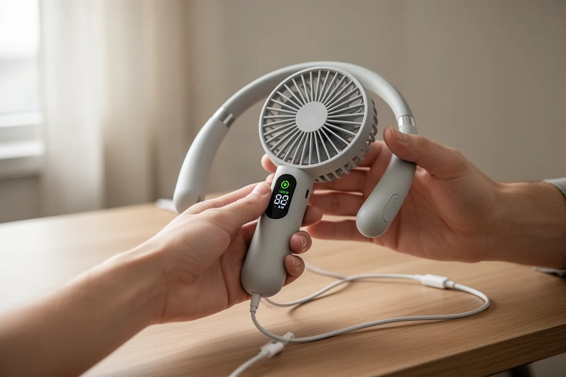 Hand holding a neck fan while checking battery level on a device
