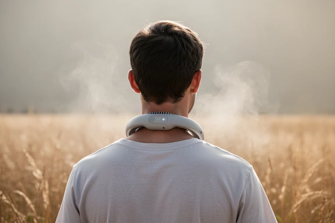 Person wearing a curved bladeless neck fan outdoors on a bright summer day