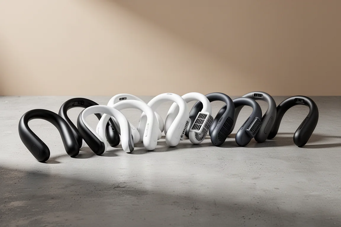 Twelve wearable neck fans and air conditioners arranged in an arc on concrete