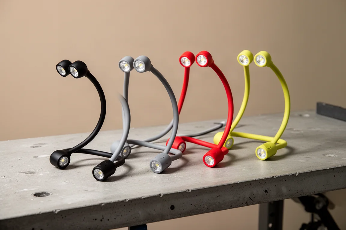 Four neck lights with curved bands and LED heads arranged side by side on a workbench