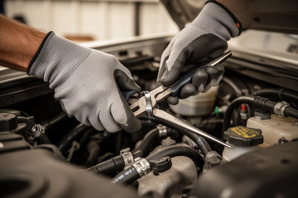 Hand eines Mechanikers löst mit einem Kolben-Zangengriff eine Schlauchschelle in einem engen Motorraum