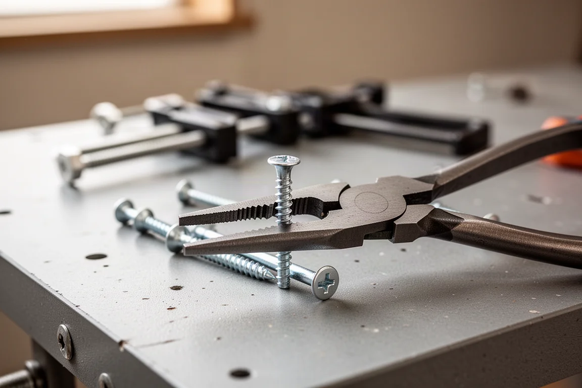 Needle nose pliers jaws clamped onto a metal roofing screw during a grip test