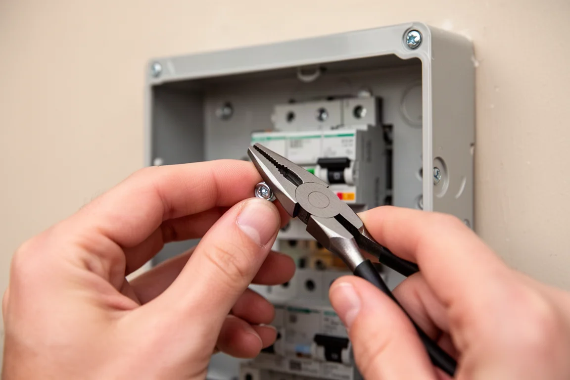 Electrician using needle nose pliers to grip a small fastener in a panel