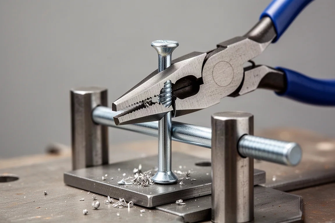 Needle nose pliers cutting through a thick nail under a hydraulic press