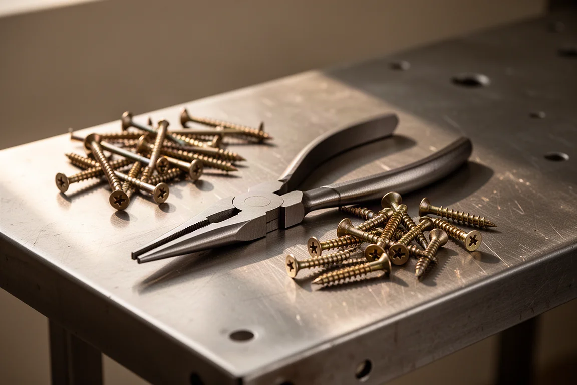 Well-used pliers resting on a workshop bench beside nails and screws