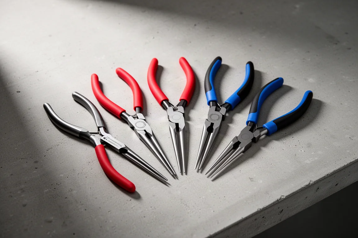 Five pairs of needle nose pliers fanned out on a concrete workbench