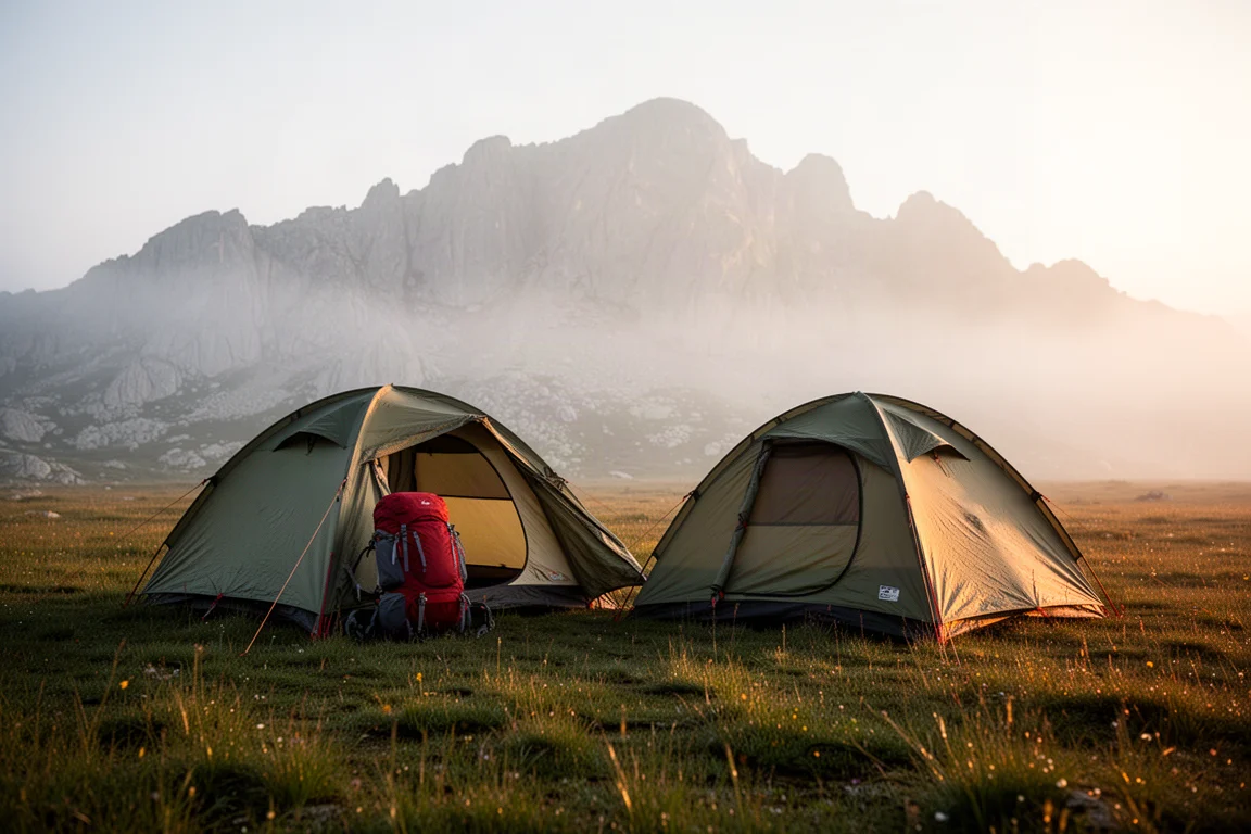 Due tende da backpacking dal profilo basso montate in un prato alpino all'alba
