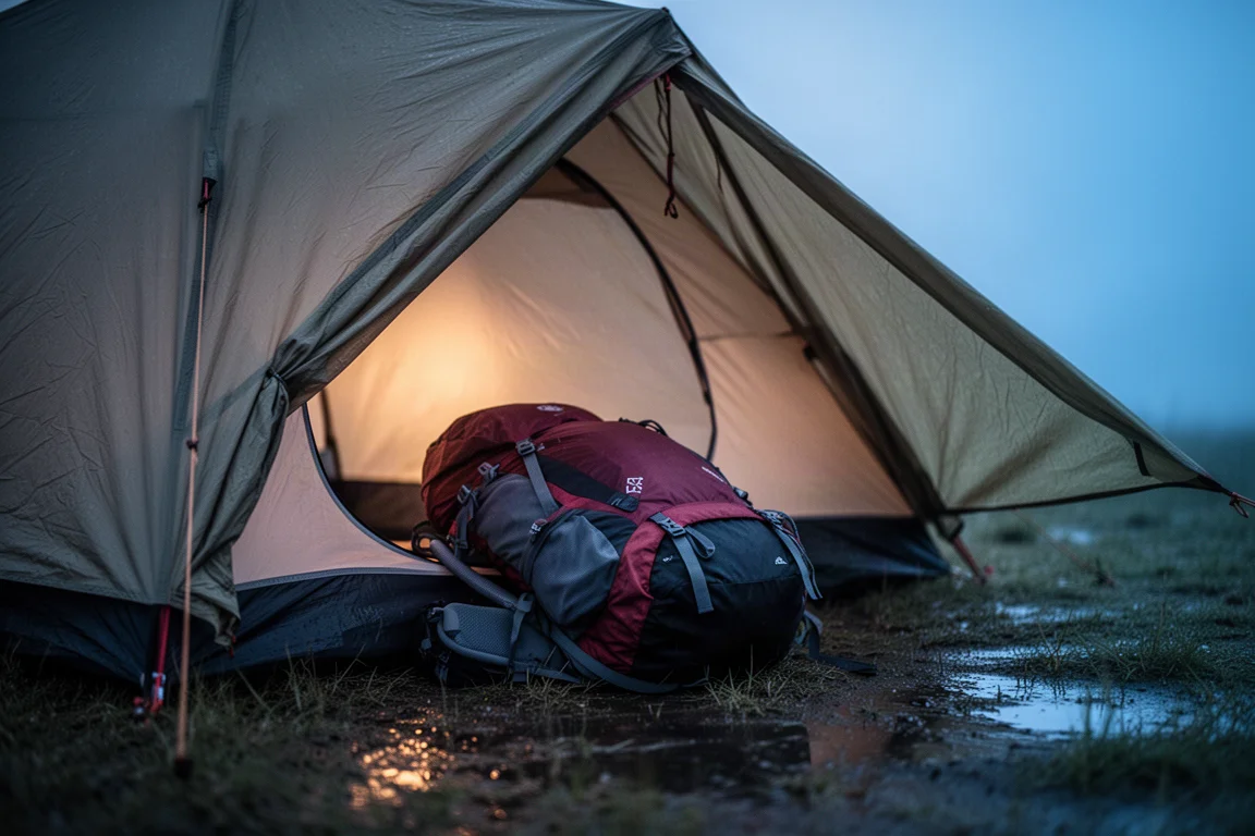 Zaino da trekking riposto nell'abside di una tenda al crepuscolo, con luce calda all'interno