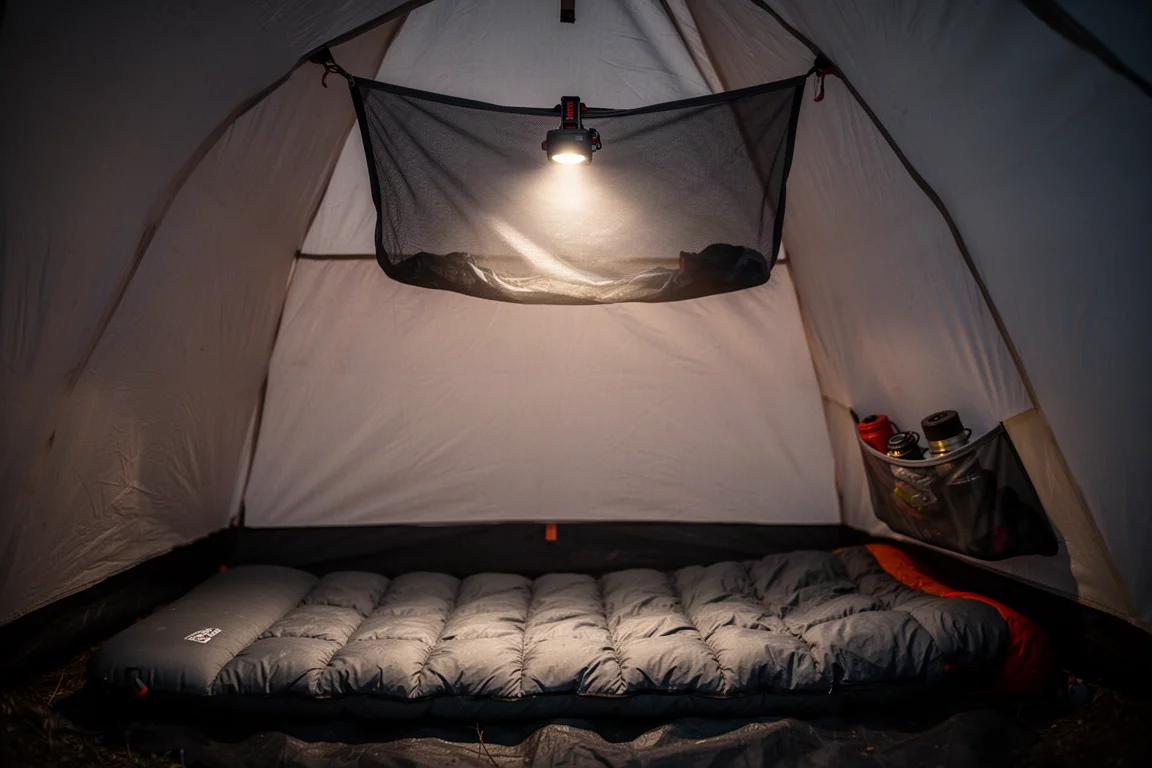 Interno della tenda di notte illuminato da una lampada frontale inserita nella tasca diffusore