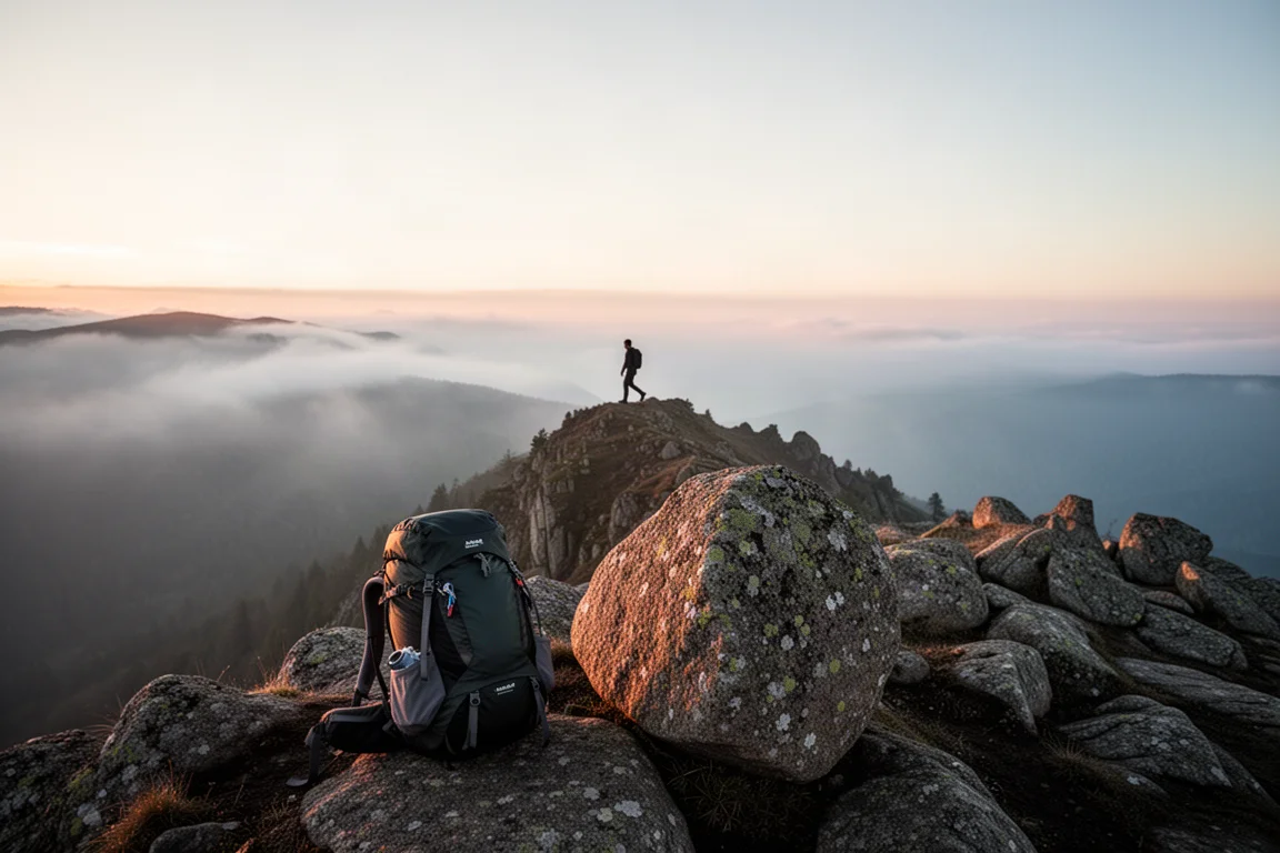 Silhouette di un escursionista in lontananza su una cresta rocciosa all'alba, con la nebbia sotto