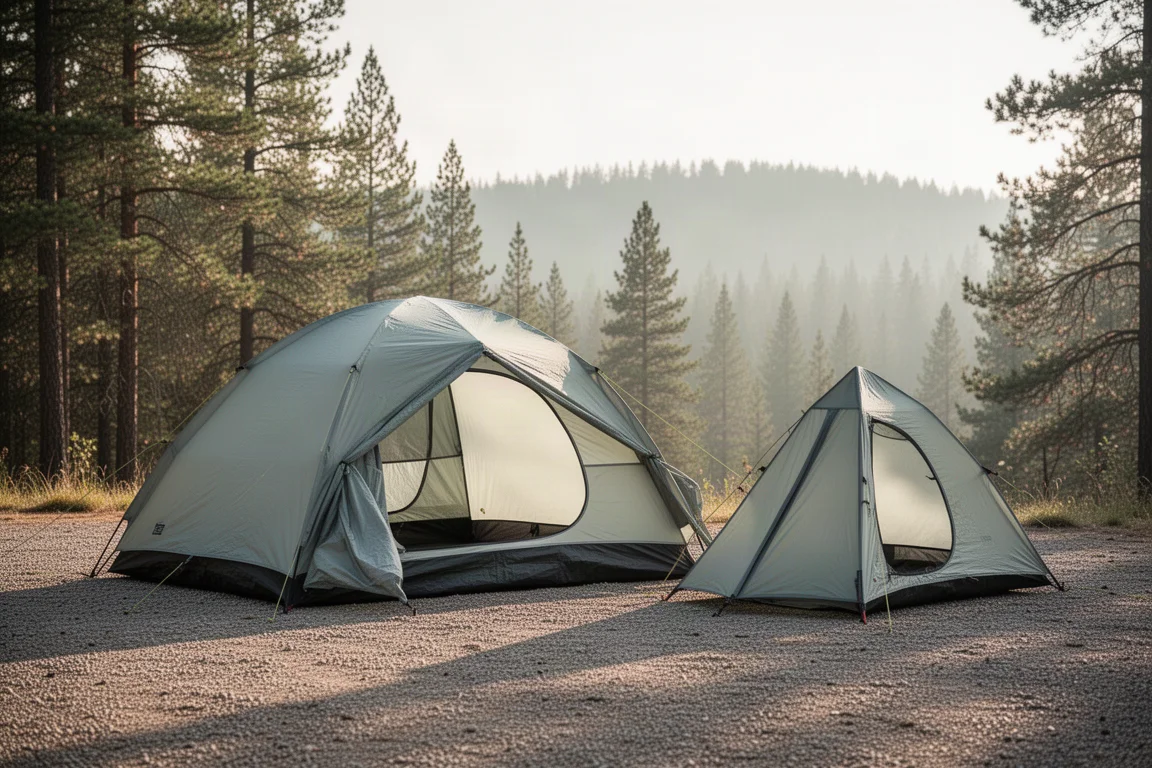 Two lightweight backpacking tents pitched side by side on a gravel campsite near pine forest