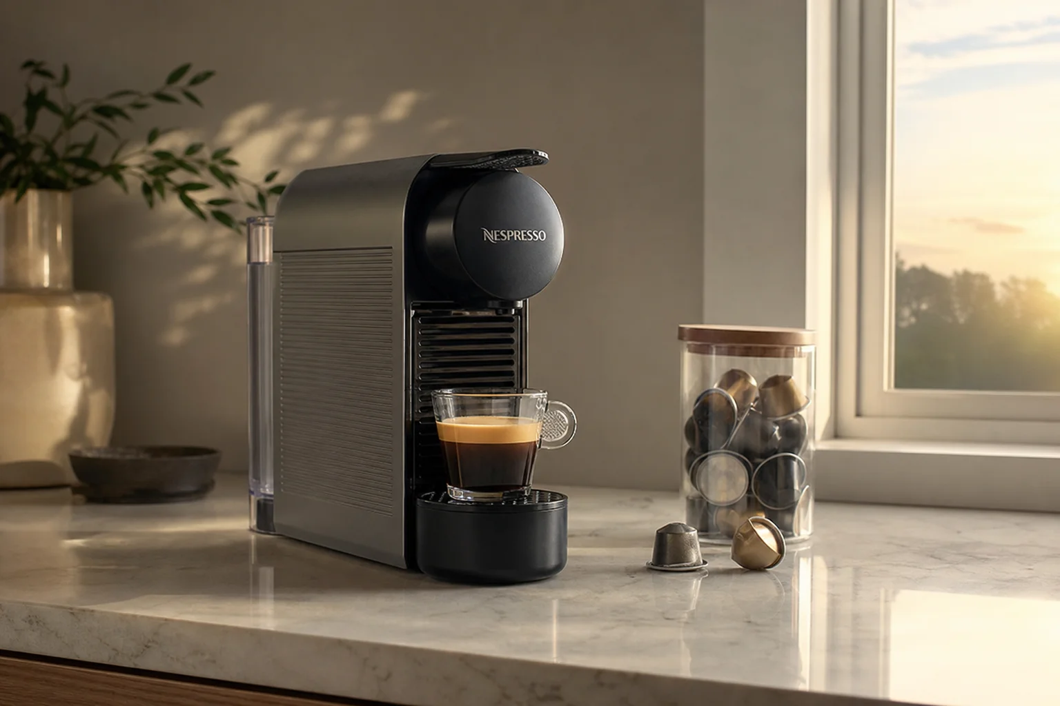 Preparación de café matutino con cafetera Nespresso y una taza fresca en la encimera de la cocina
