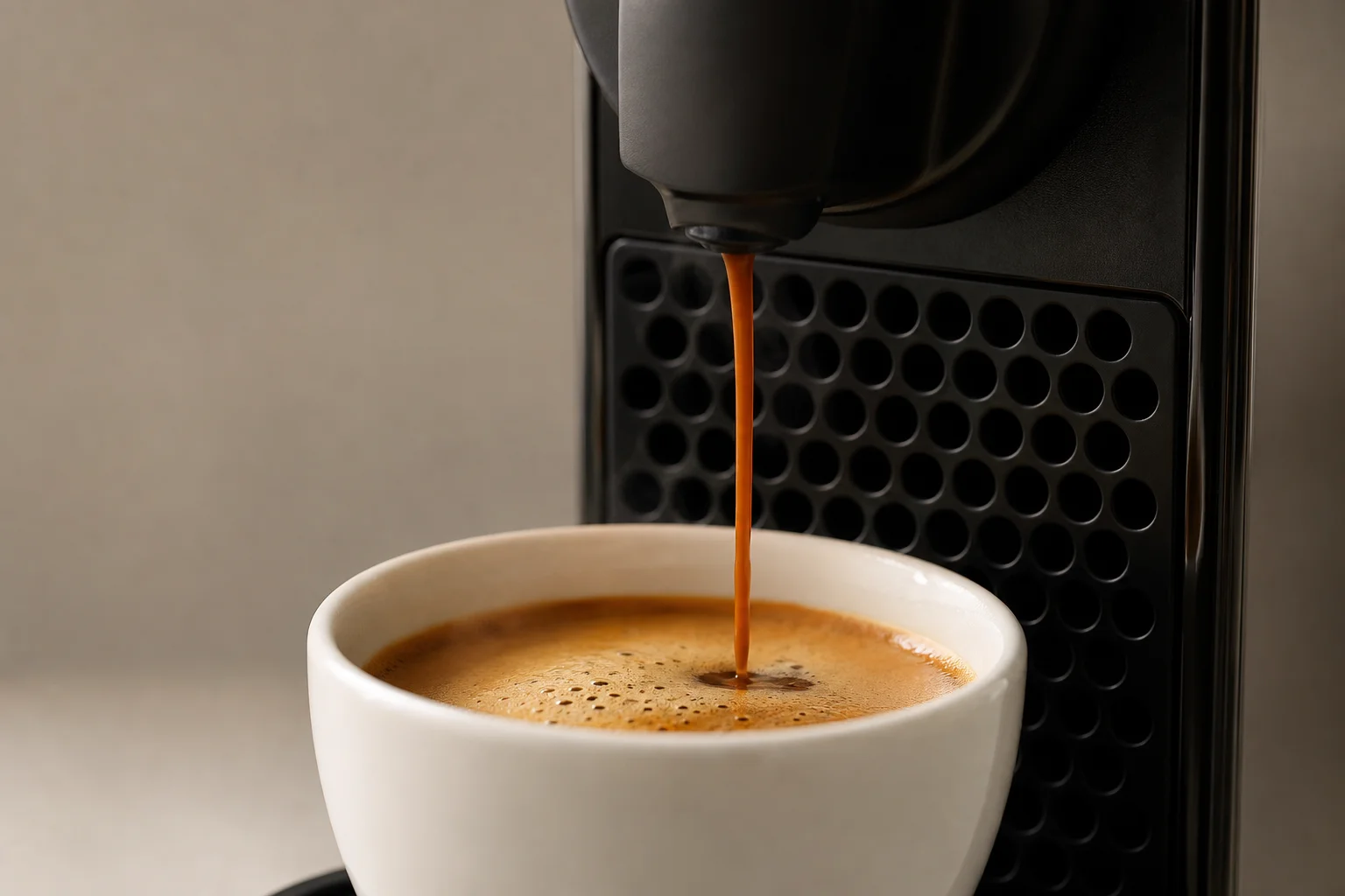 Primer plano de la extracción de café lungo en una taza blanca desde una cafetera Nespresso