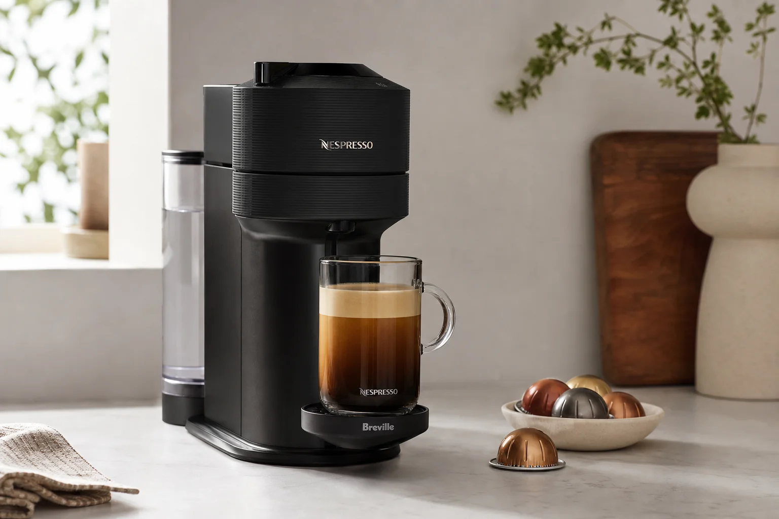 Cafetera Nespresso Vertuo con una taza de café recién hecho en una cocina moderna