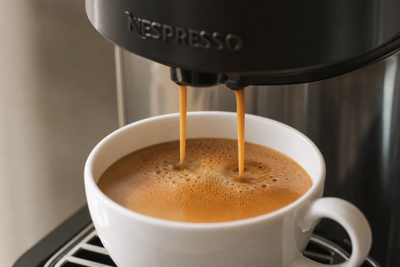 Nahaufnahme einer Espresso-Extraktion mit dunkler Crema in eine weiße Tasse