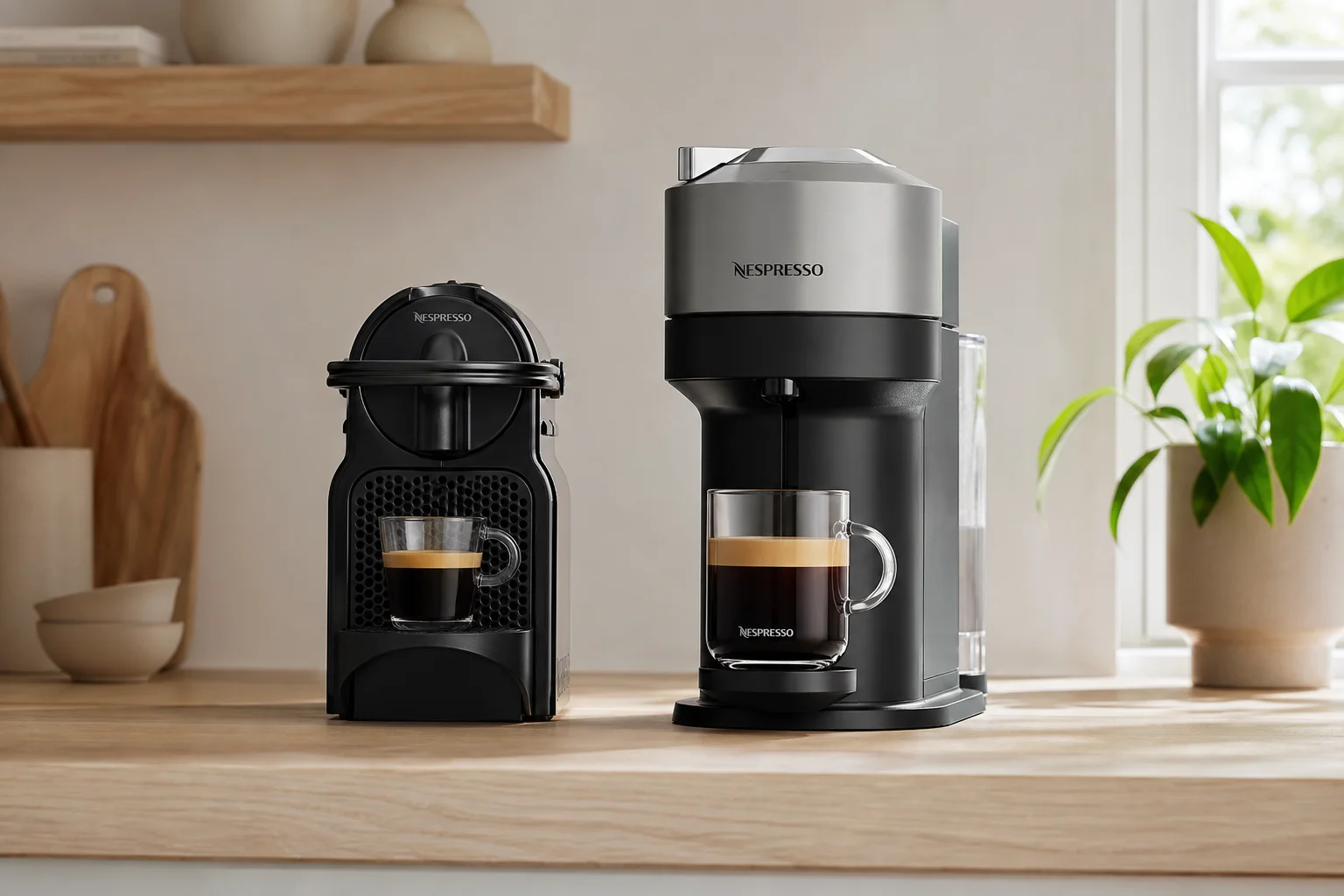 Zwei Nespresso-Maschinen nebeneinander auf einer Küchentheke zeigen den Größenunterschied
