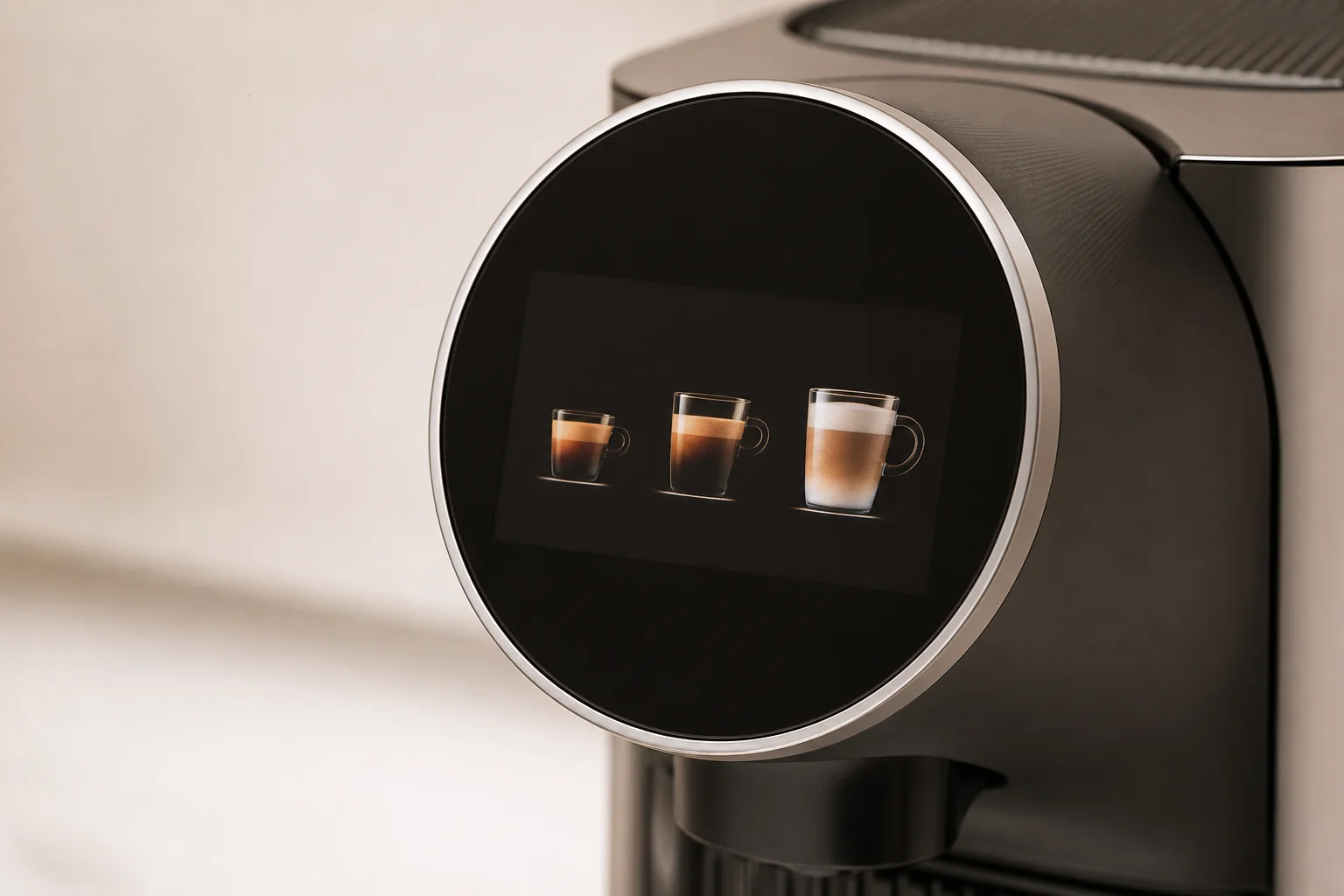 Touchscreen-Oberfläche einer Premium-Nespresso-Maschine mit Getränkeoptionen
