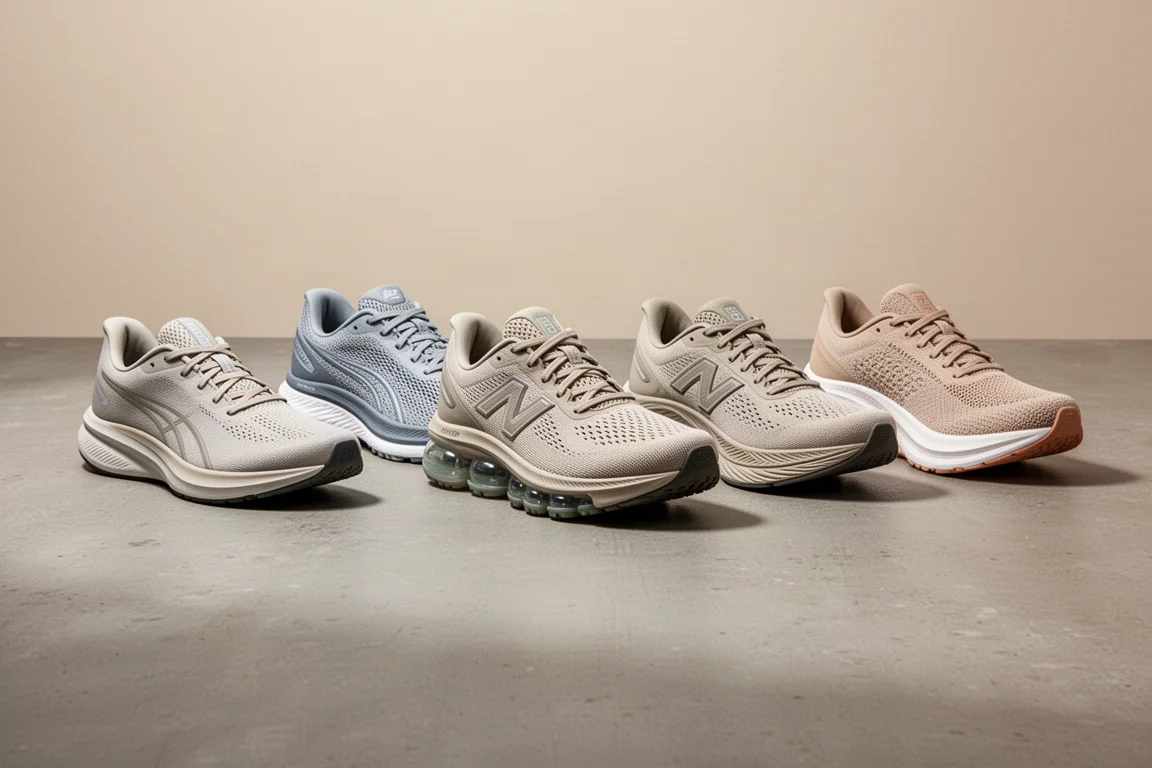 Five neutral daily running shoes lined up on a concrete surface